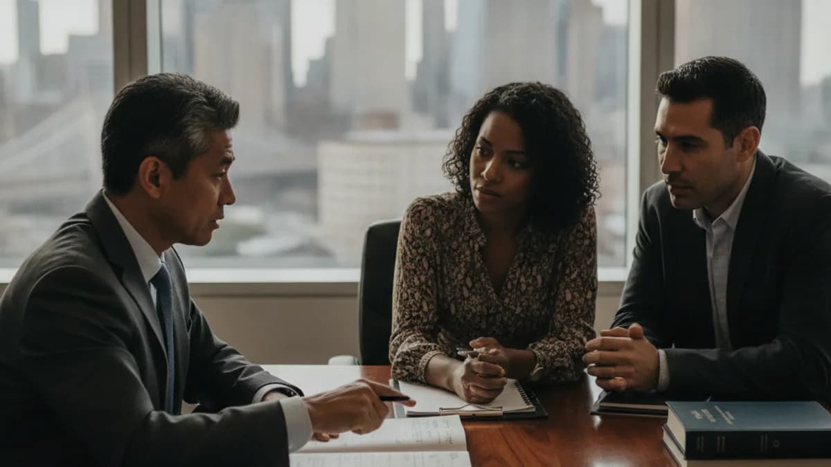 Attorney discusses legal options and timeframes with a concerned couple in a modern office.