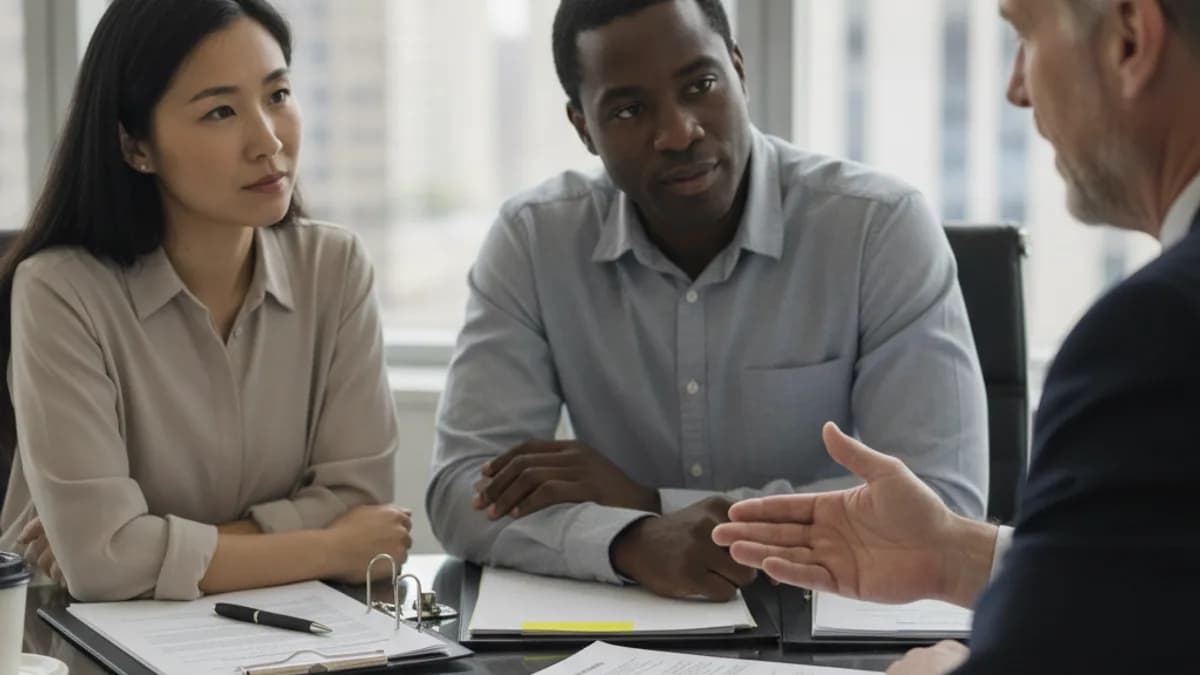 A diverse couple consults with an attorney in a modern office, reviewing real estate documents on a conference table.