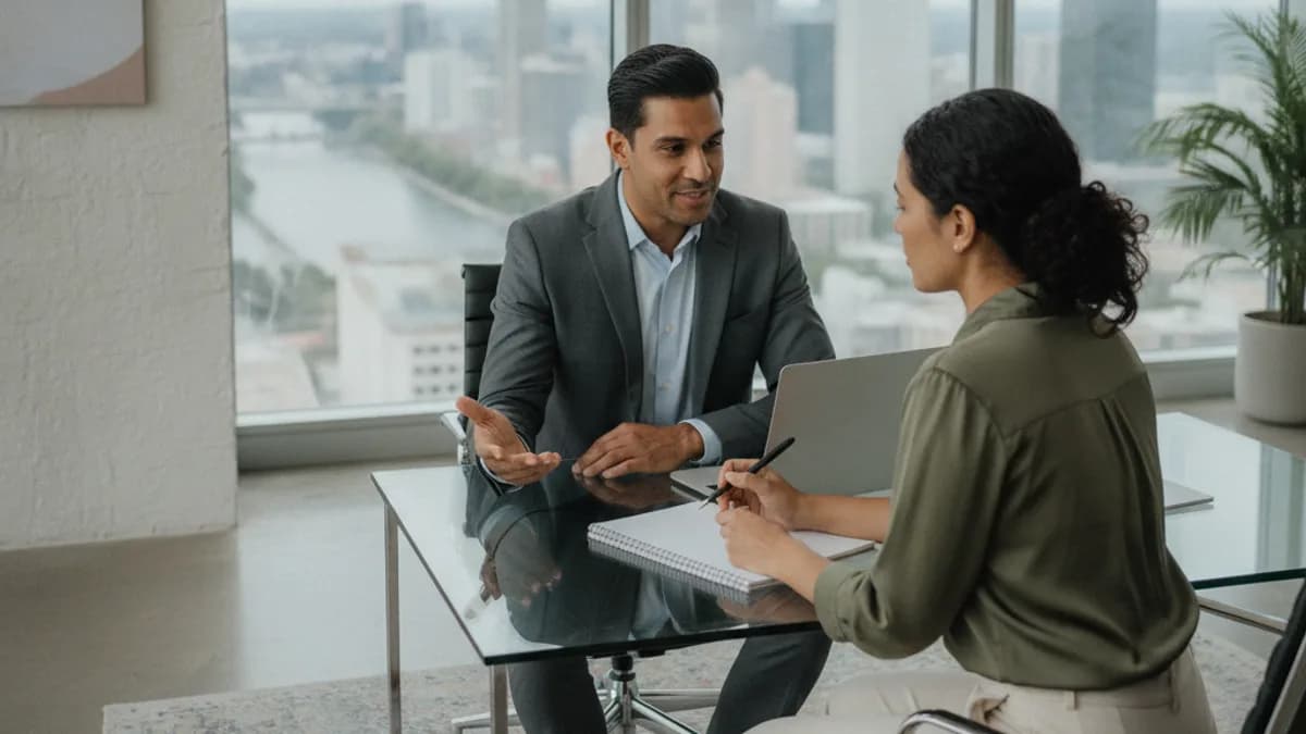 Attorney explains legal options to a client in a modern office, a laptop and notepad on the desk.