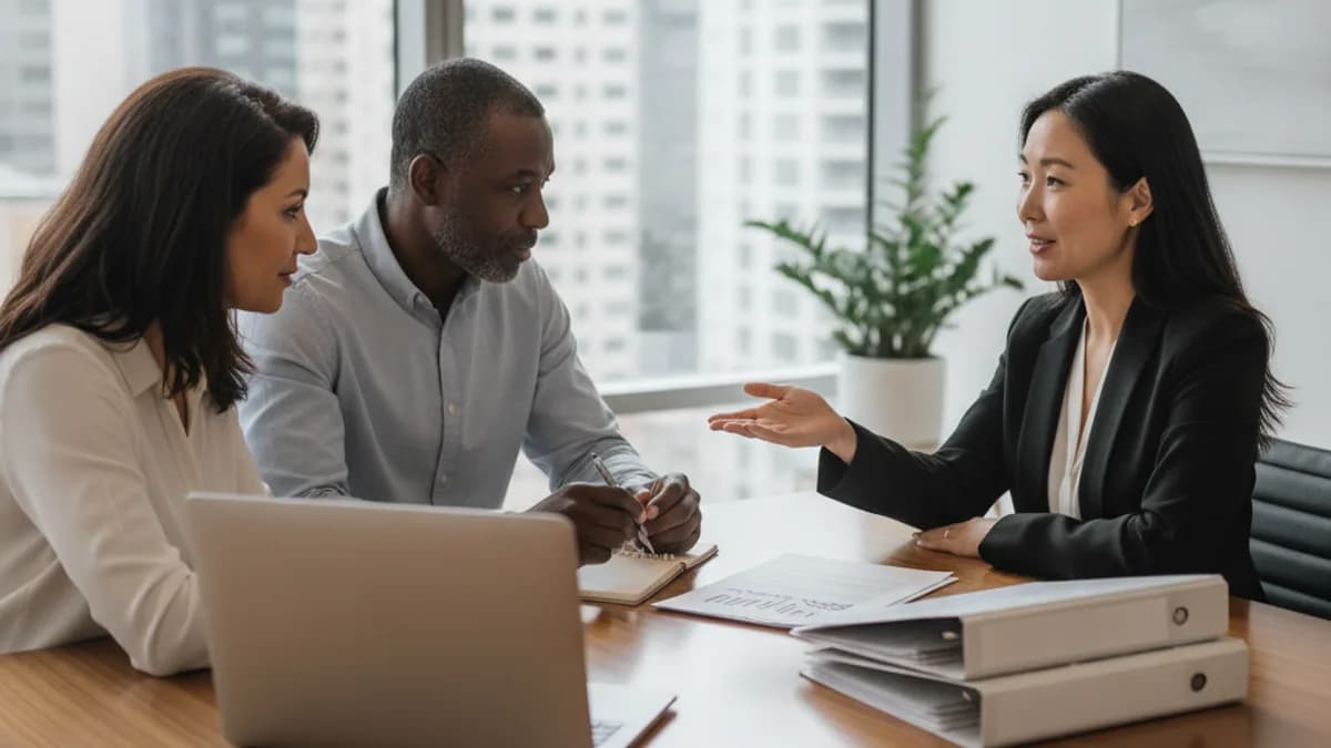 A diverse couple consults with their estate planning attorney in a modern office, discussing living trust documents.