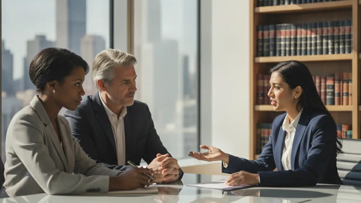 Diverse couple consults with a female attorney in a modern office, reviewing legal documents about estate planning.