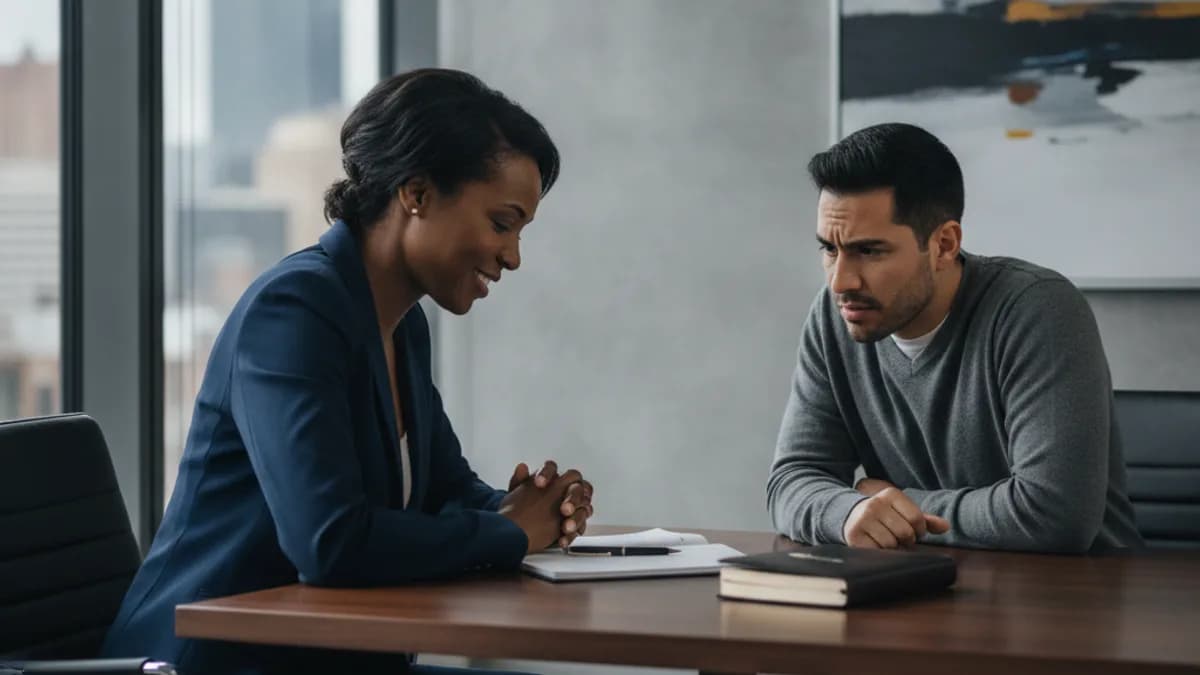 Diverse attorney listens empathetically to a client in a modern law office, discussing legal options.