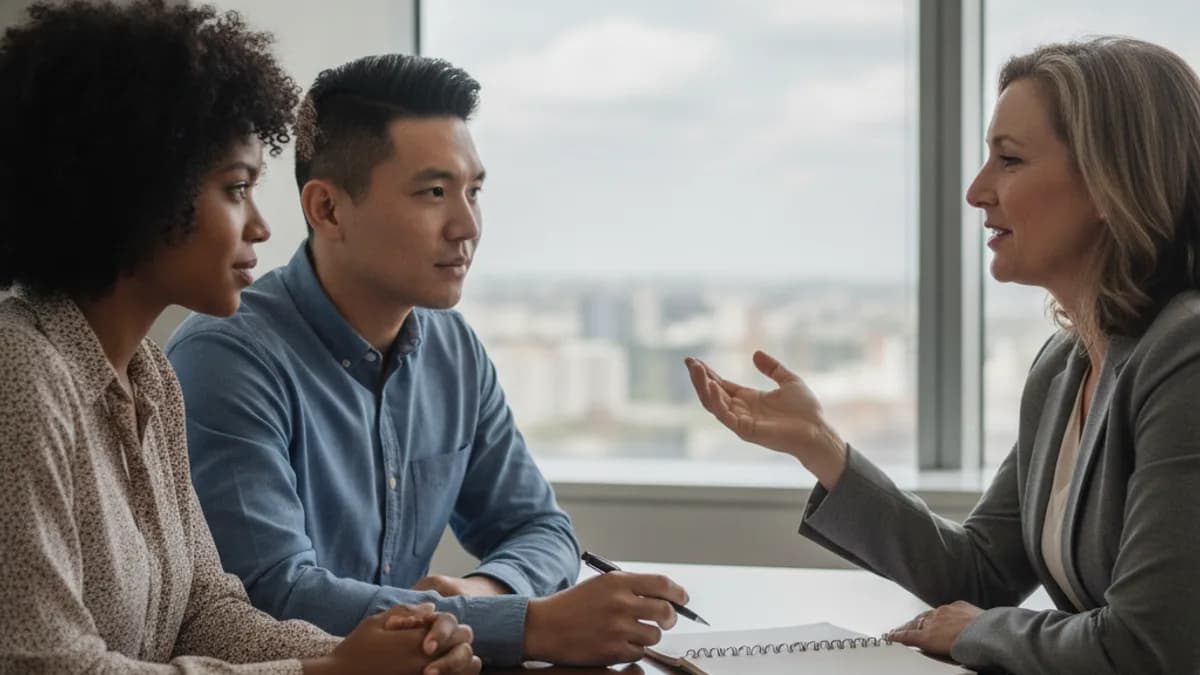 Diverse couple consults with an attorney in a modern, sunlit office, discussing legal options after an accident.