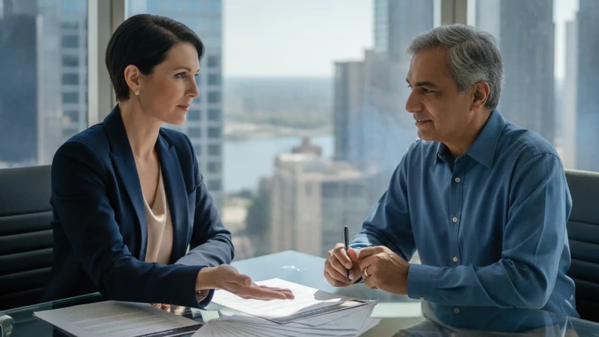 Attorney and client discuss estate planning documents in a modern office, focusing on wills and trusts.