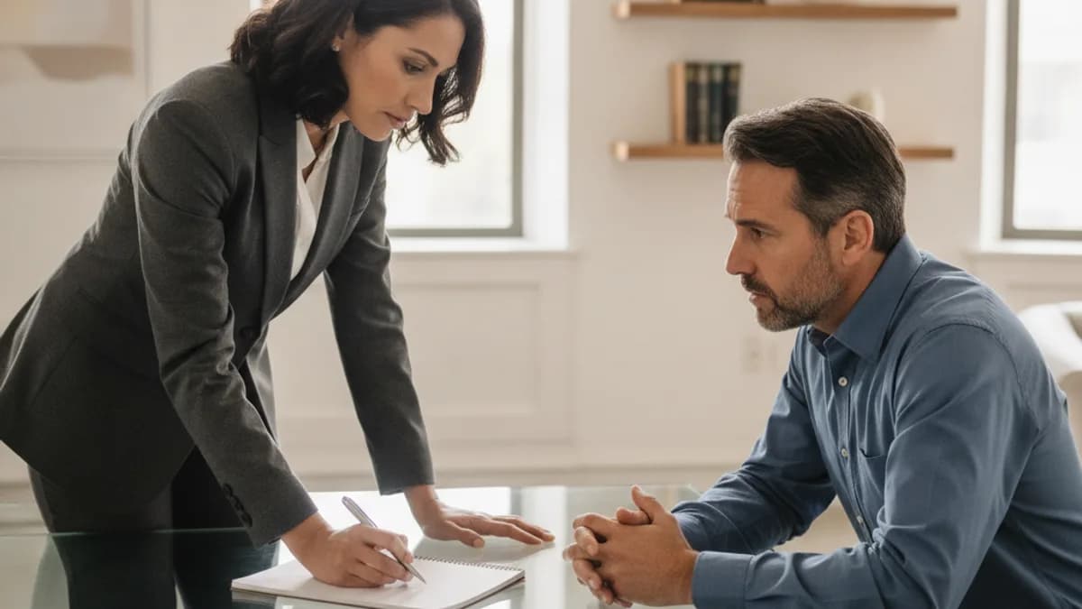 Attorney listens empathetically to a male client discussing a workplace issue in a modern law office.
