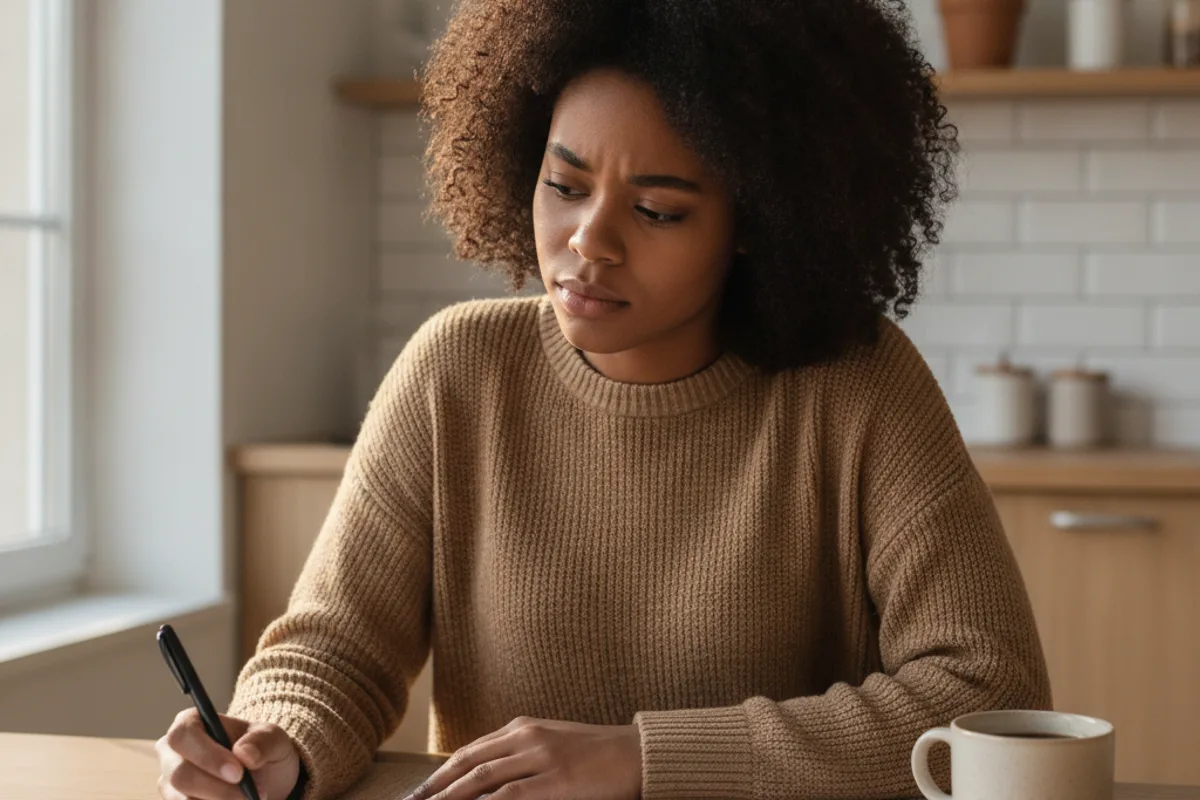 A young woman reviews immigration paperwork at her kitchen table, looking thoughtful.
