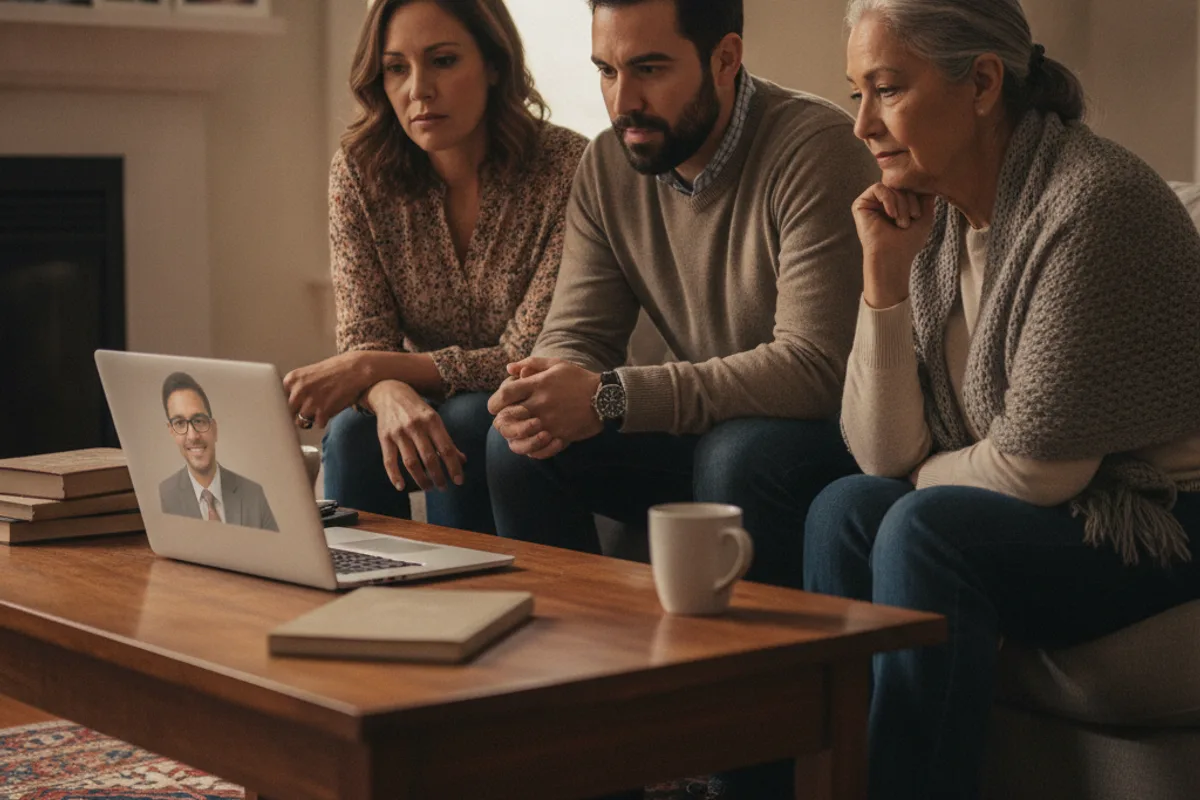 A Hispanic family consults an immigration adviser via video call from their living room.