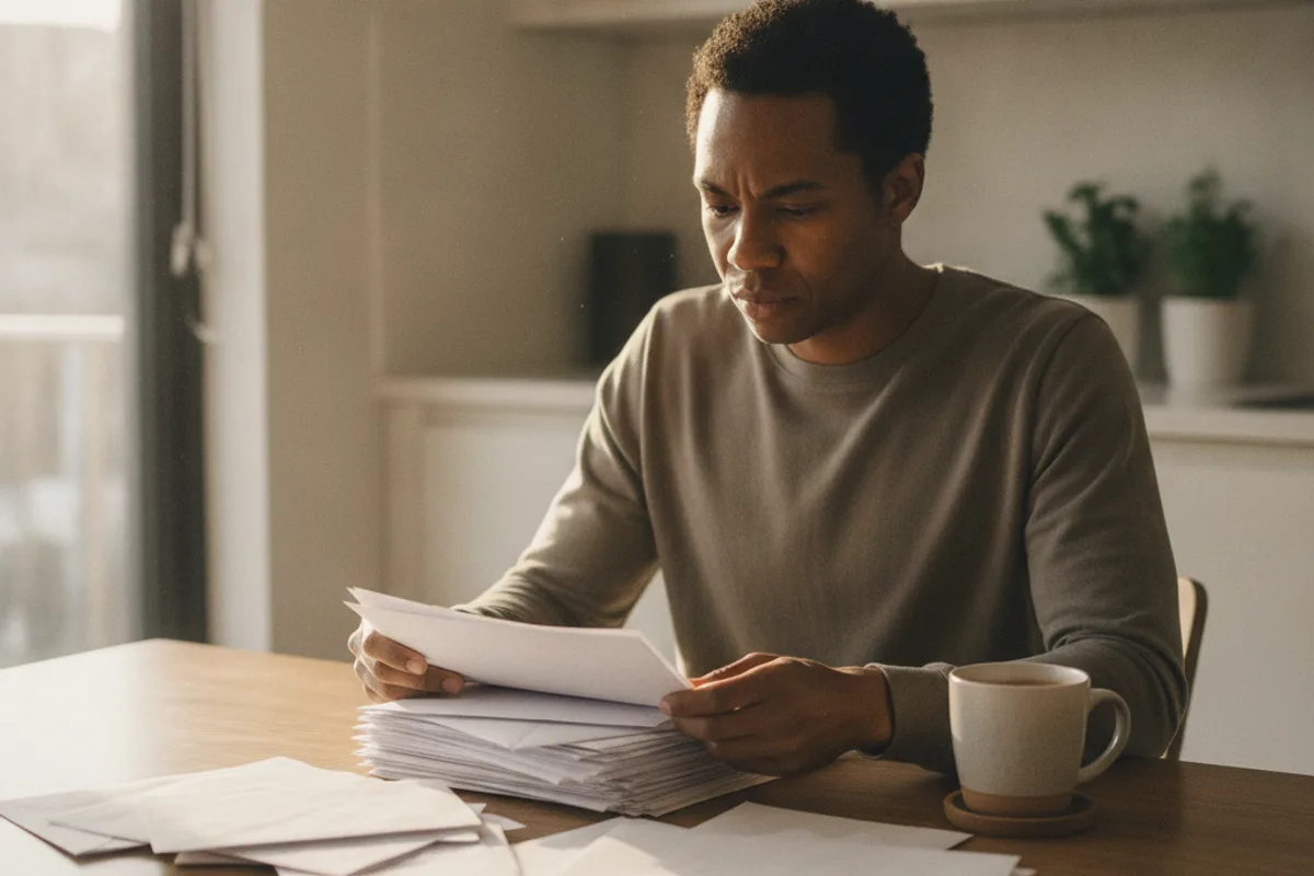 A person sits at a kitchen table, contemplating a stack of bills and paperwork, seeking solutions.