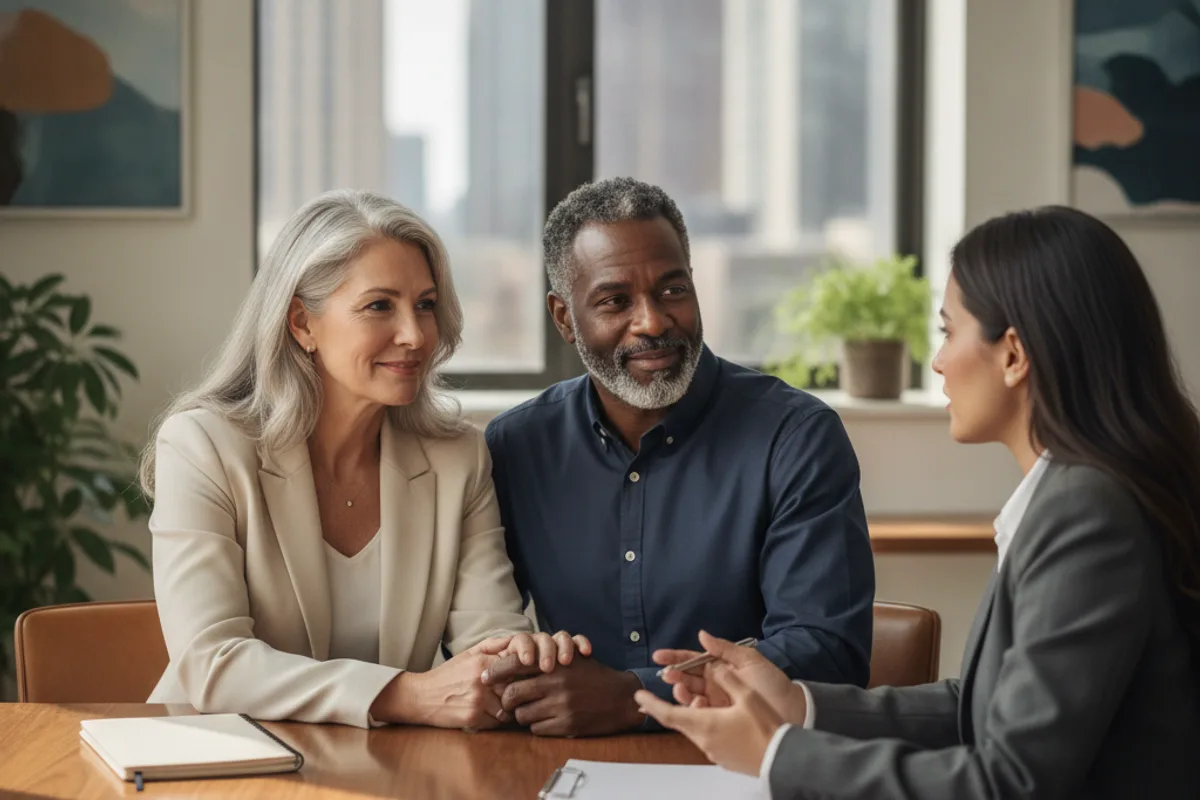 A diverse couple consults with a legal professional in an office, discussing their financial situation.