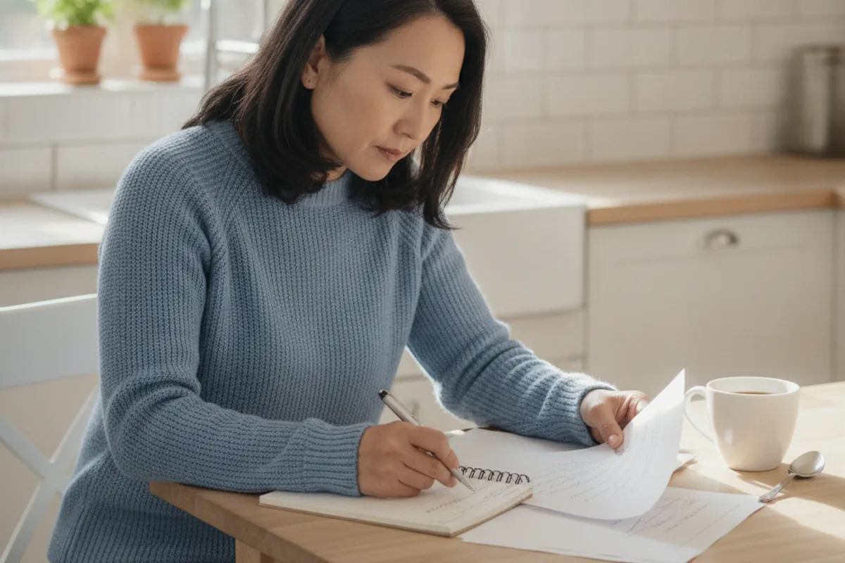 Woman at kitchen table reviews financial documents, contemplating her options for bankruptcy.