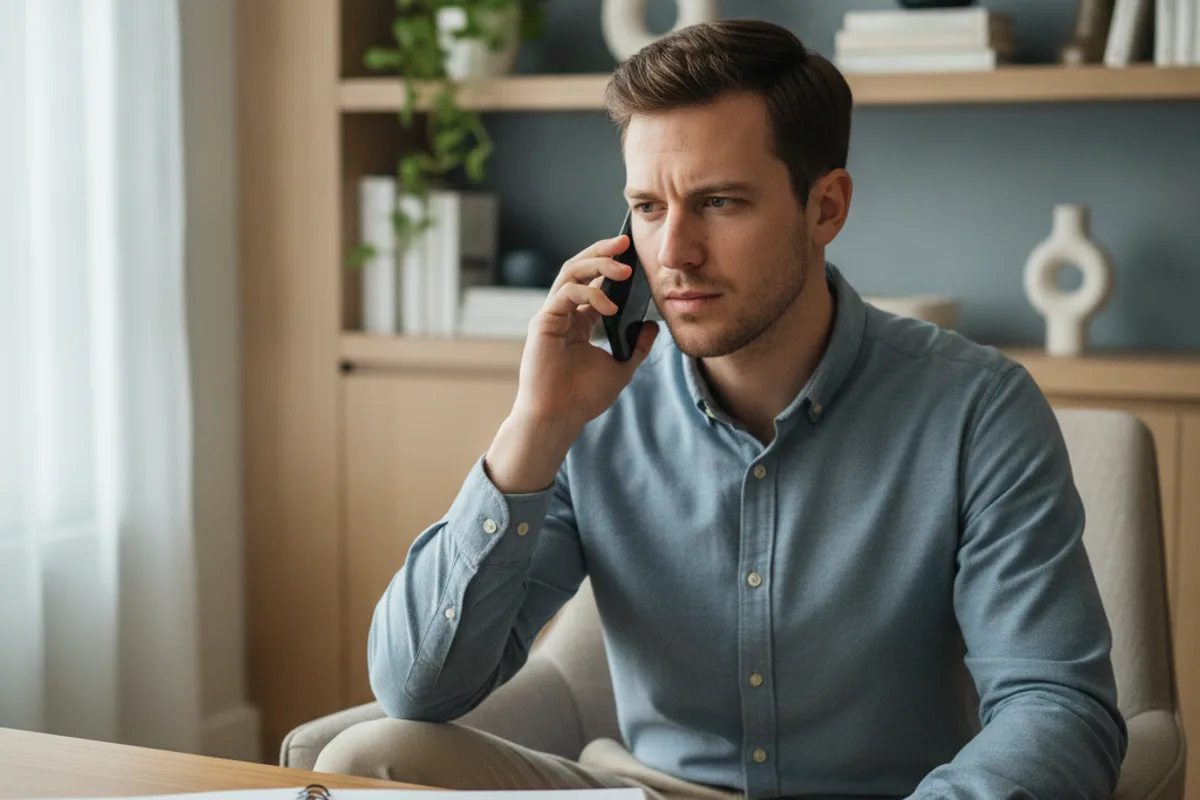 Man on phone, listening intently to an adviser about financial planning or bankruptcy options.