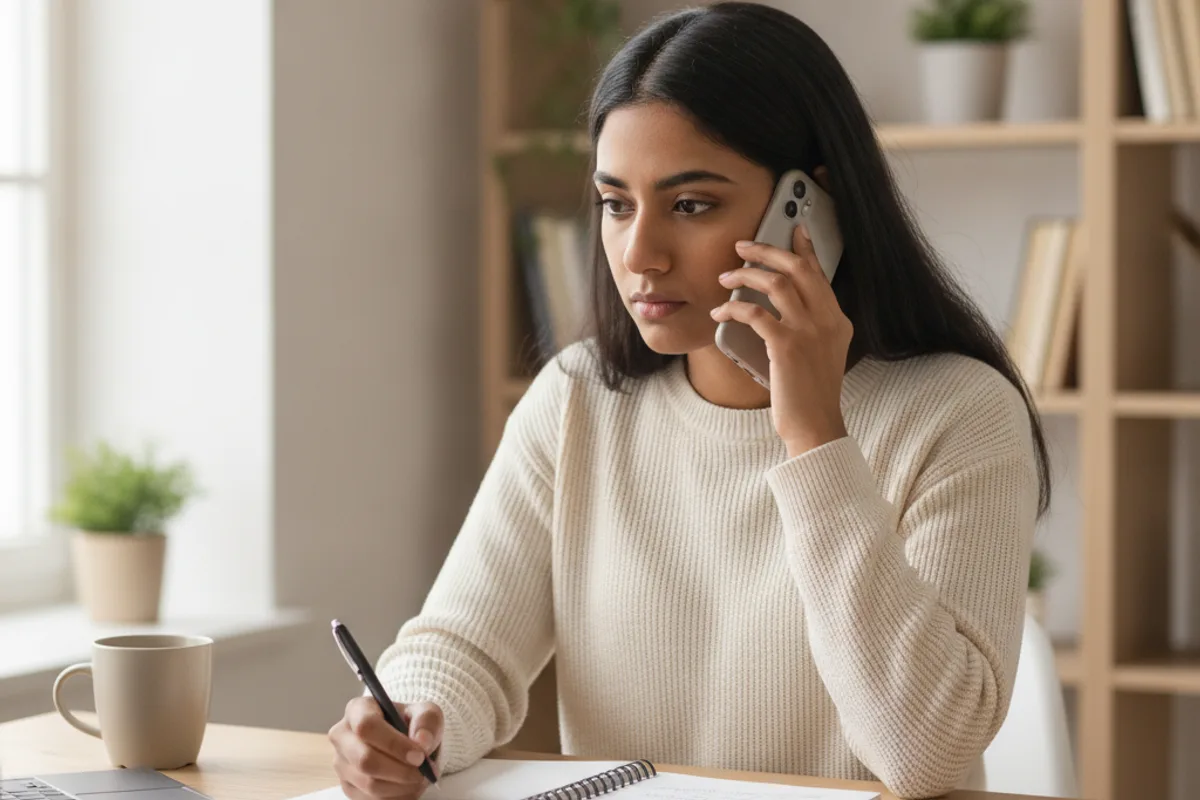 A young woman talks on the phone with an advisor, taking notes on a pad in a quiet home setting, looking engaged.
