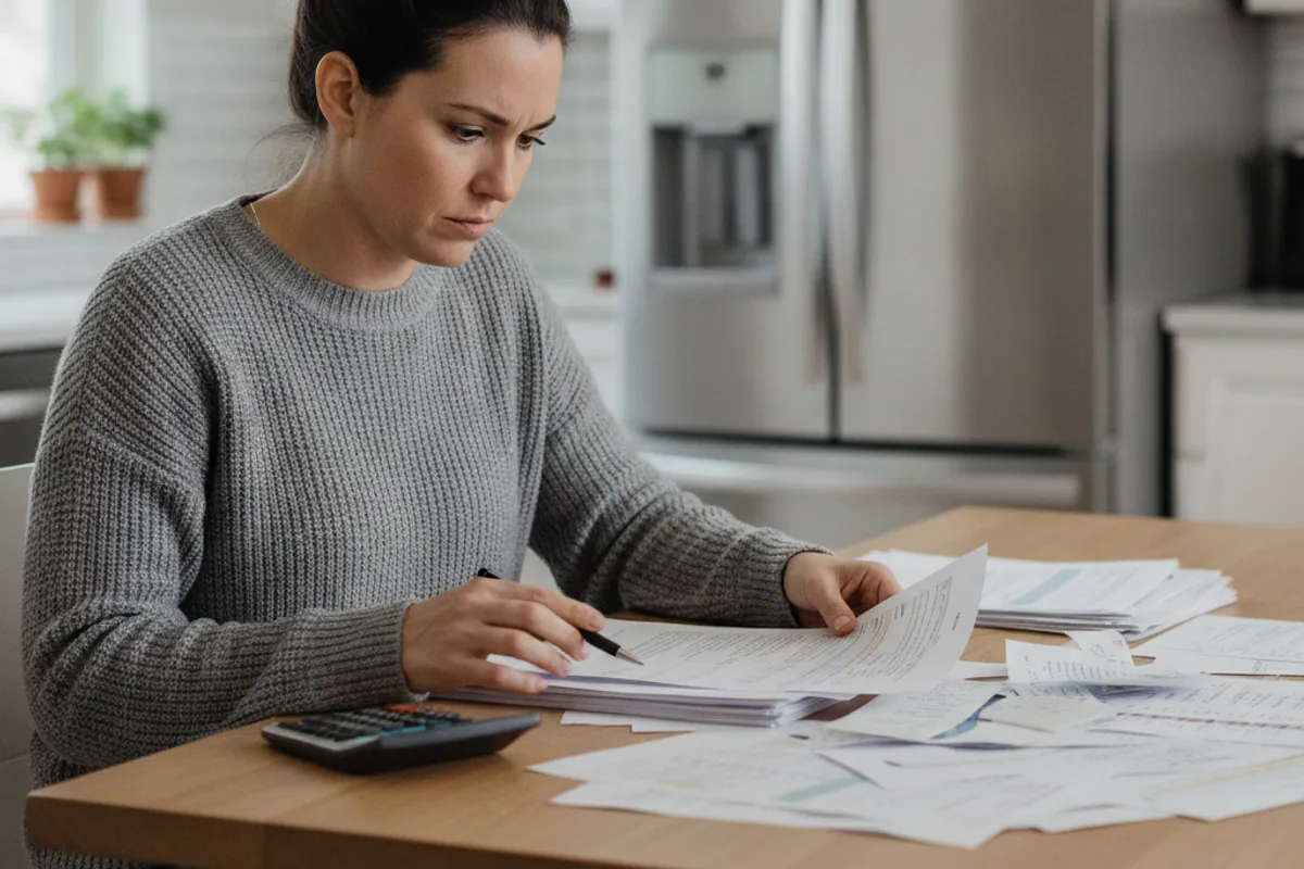A woman at her kitchen table intently reviewing financial documents, preparing for a bankruptcy consultation.