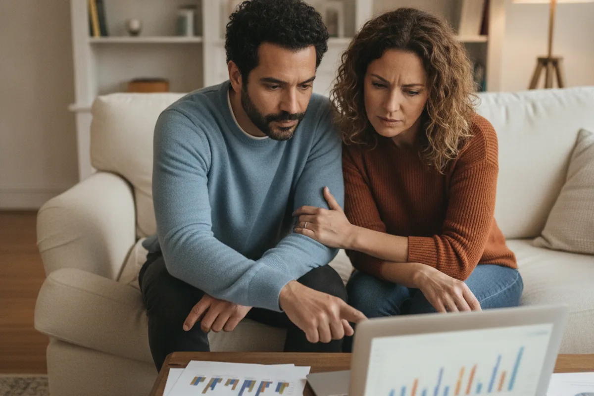 A diverse couple at home seriously discussing their finances, looking at a laptop and documents.