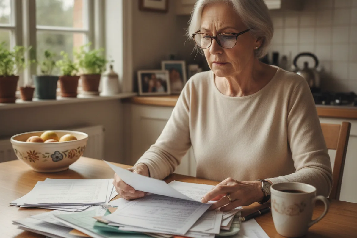 Older woman reviews complex financial and legal documents at her kitchen table, looking thoughtful.