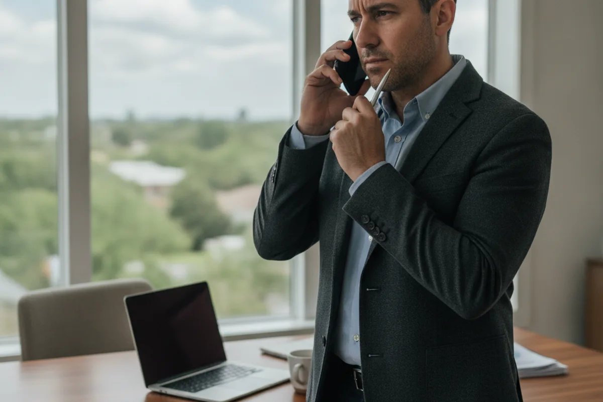 Man on phone discussing important financial matters with an adviser, looking thoughtful and concerned.