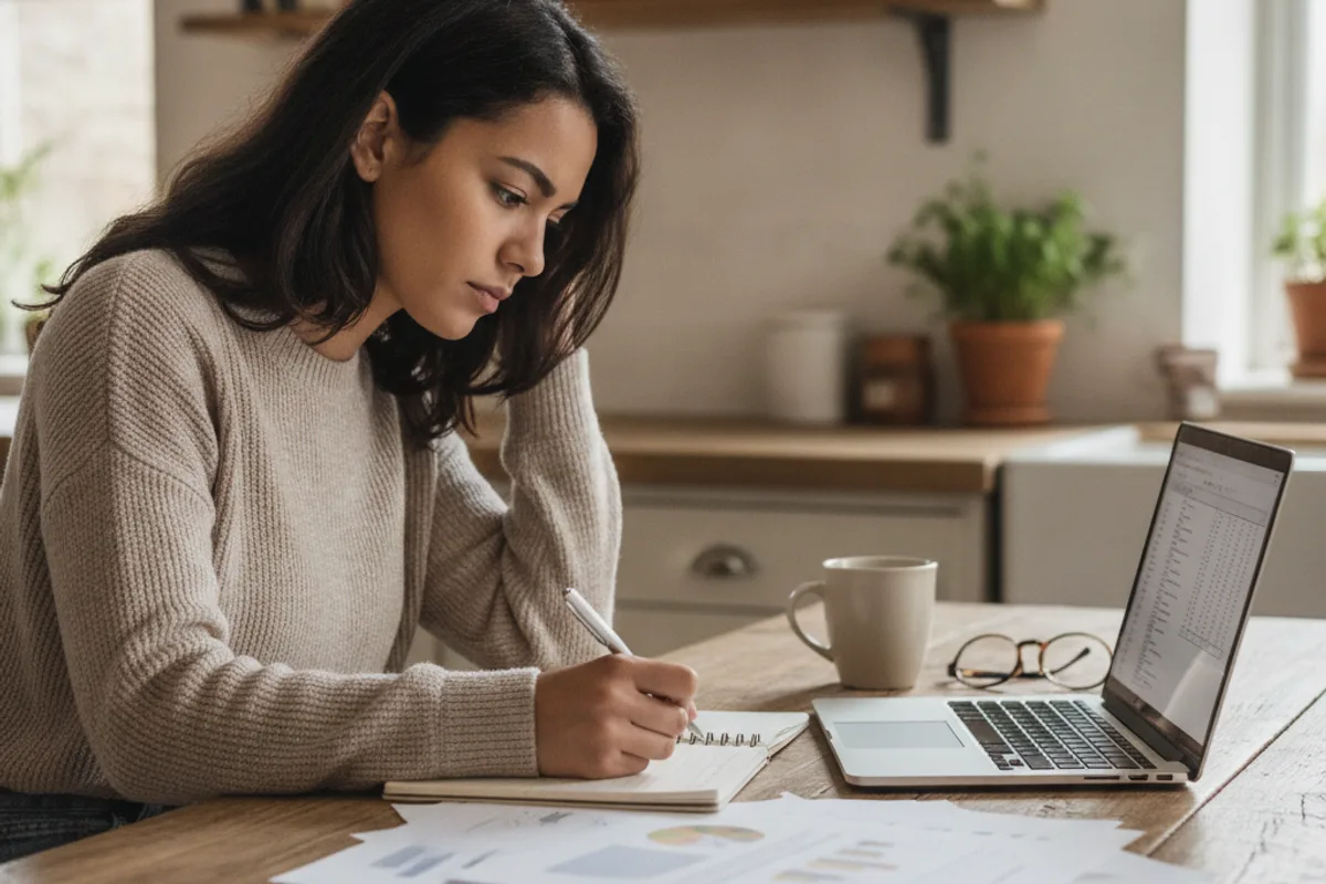 Young woman reviews business documents and a laptop at her kitchen table, taking notes for her small business.