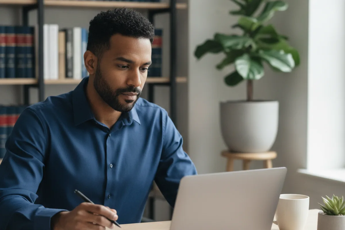 Diverse man on a video call with a legal advisor in his home office, discussing business matters.