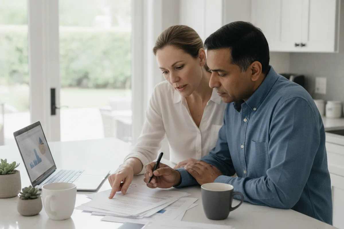 A couple reviews important business documents at their kitchen island, discussing their financial future.
