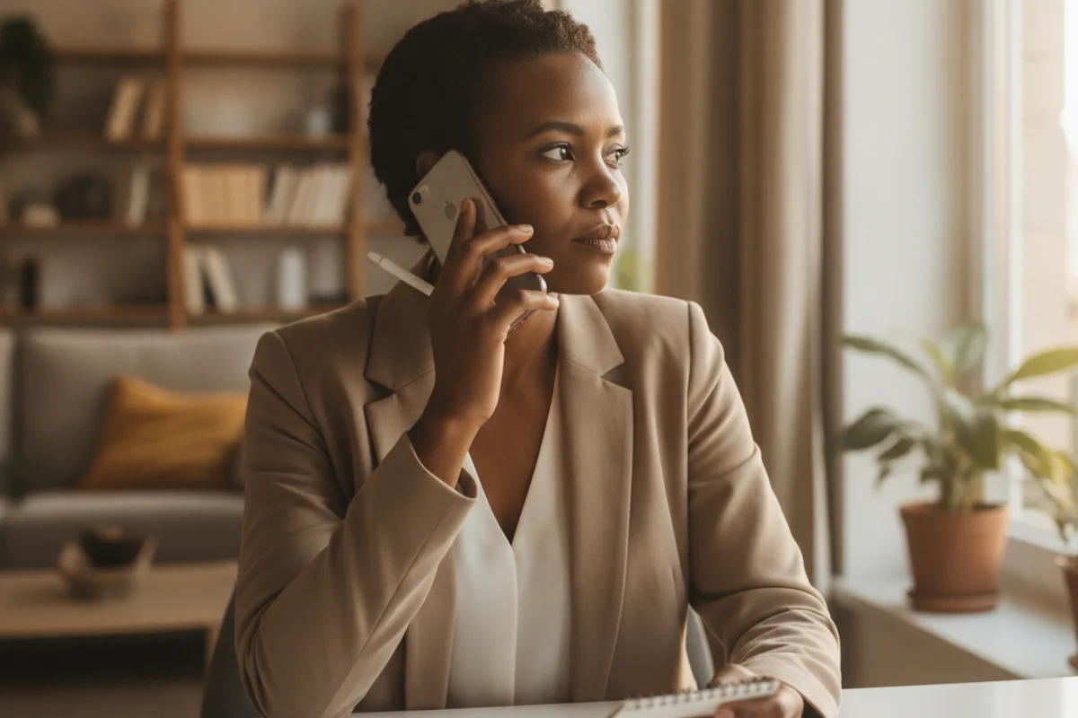 A woman on the phone with an advisor, discussing business planning from her home office.