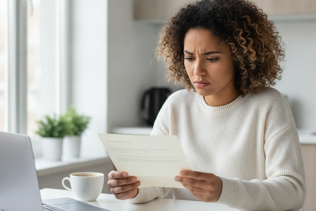 A person looks concerned while reviewing an official letter at their kitchen table.