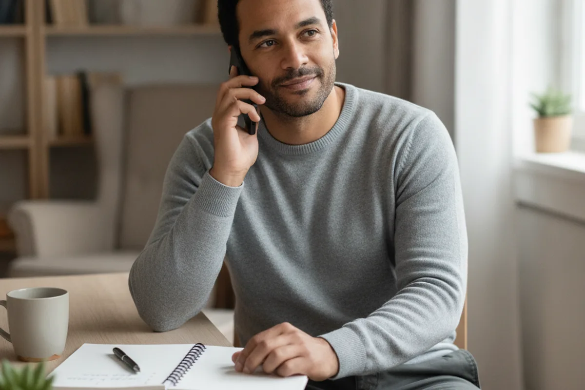A man speaks on the phone with an advisor, looking thoughtful and engaged.