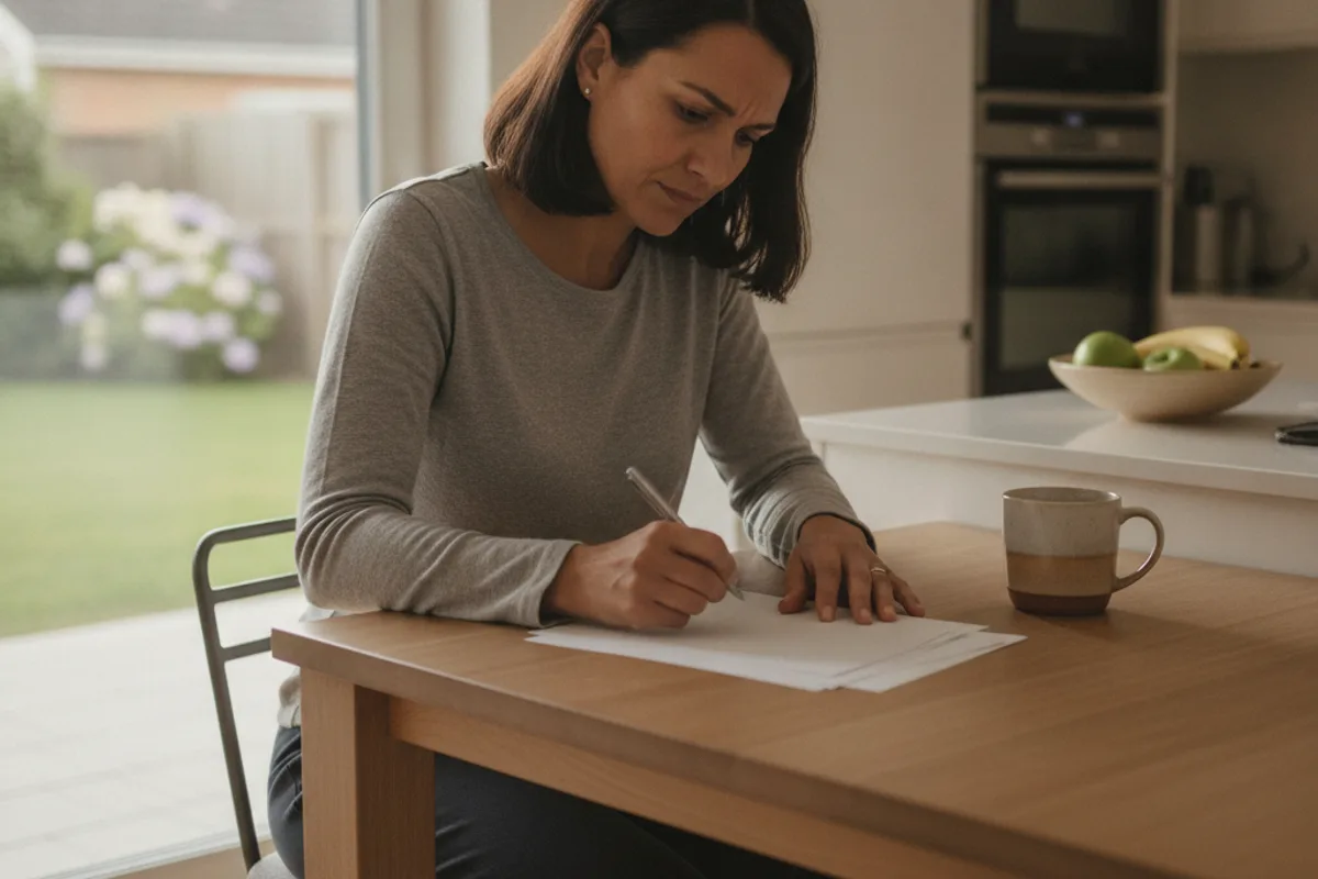 Woman at a kitchen table diligently reviewing financial documents, a common step in preparing for bankruptcy.