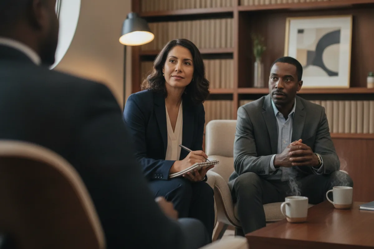 A diverse couple in an attorney's office, attentively listening to legal advice regarding their financial situation.