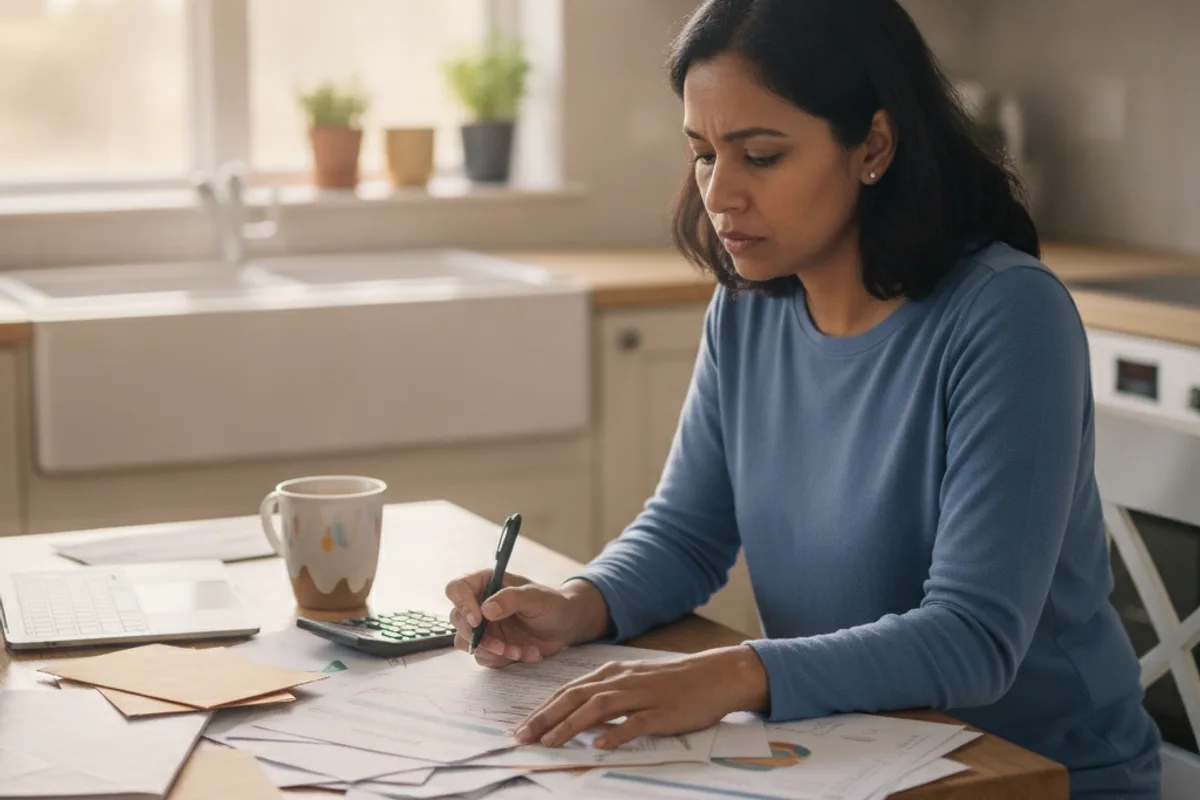 A woman reviews financial documents and paperwork at her kitchen table, concentrating on her personal finances.