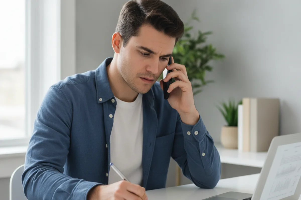 A young man takes notes while on a phone call with an advisor, discussing financial or legal matters from his home office.