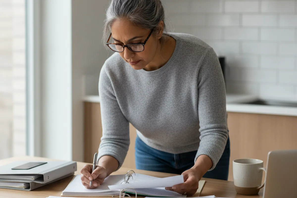 Woman at kitchen table diligently reviews personal documents for a civil lawsuit.