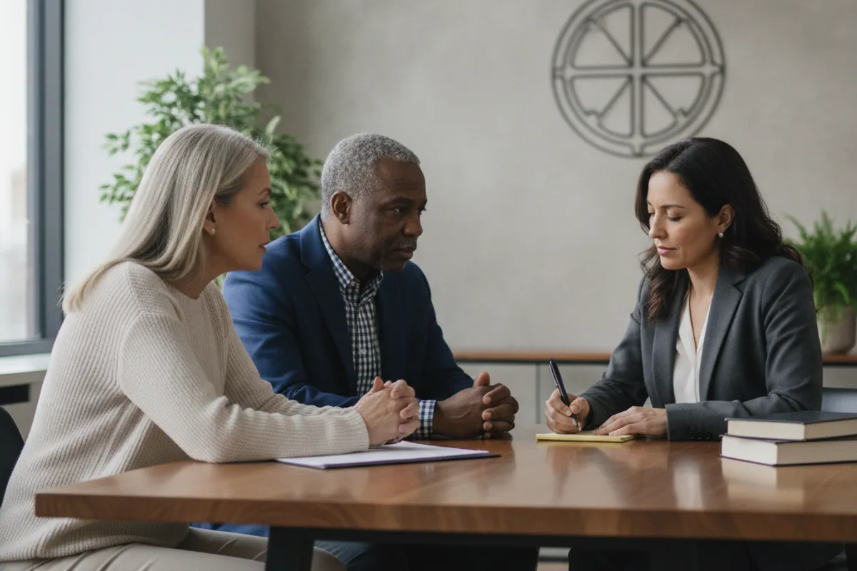 A couple consults with their attorney in a professional office, discussing their legal strategy.