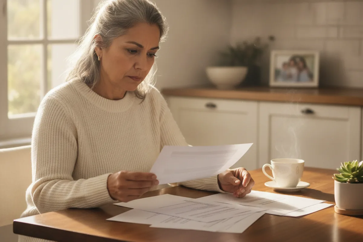 A woman reviews legal paperwork at her kitchen table, reflecting on her involvement in an incident.