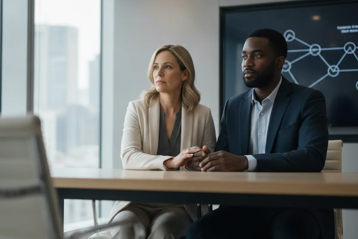 A diverse couple consults a lawyer in a meeting room, discussing their case and potential shared responsibility.