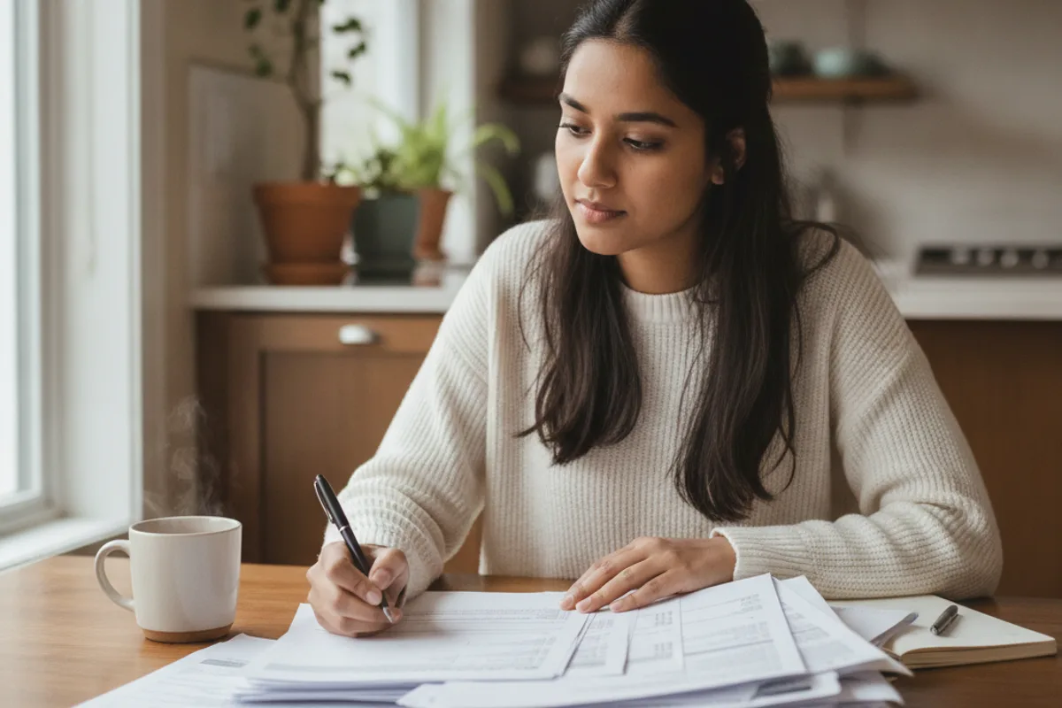 Young woman diligently reviews application forms and documents at her kitchen table.