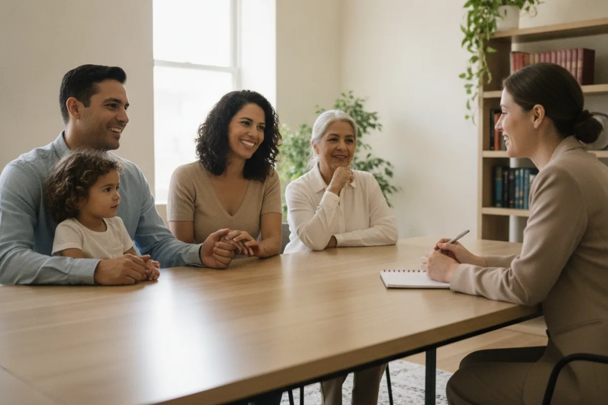Multi-generational family consults with legal staff about their immigration journey.