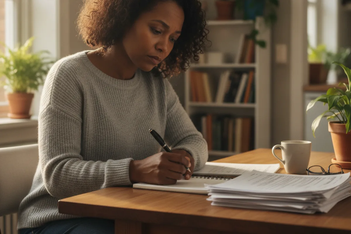 A thoughtful African American woman reviews application forms and medical records at her kitchen table at home.