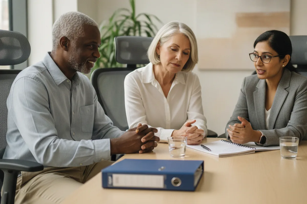 A diverse older couple listens intently to a professional South Asian legal adviser during a disability consultation.