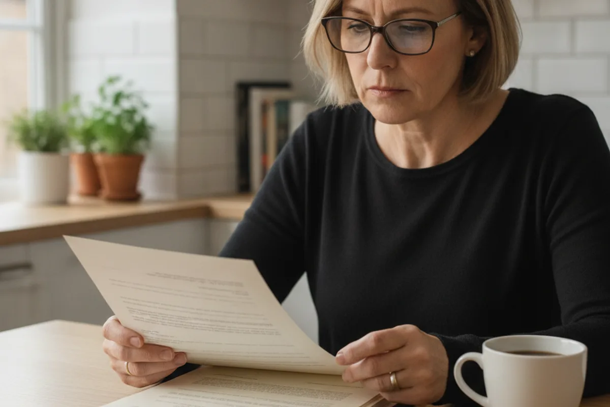 A woman reviews official-looking documents at her kitchen table, looking thoughtful.