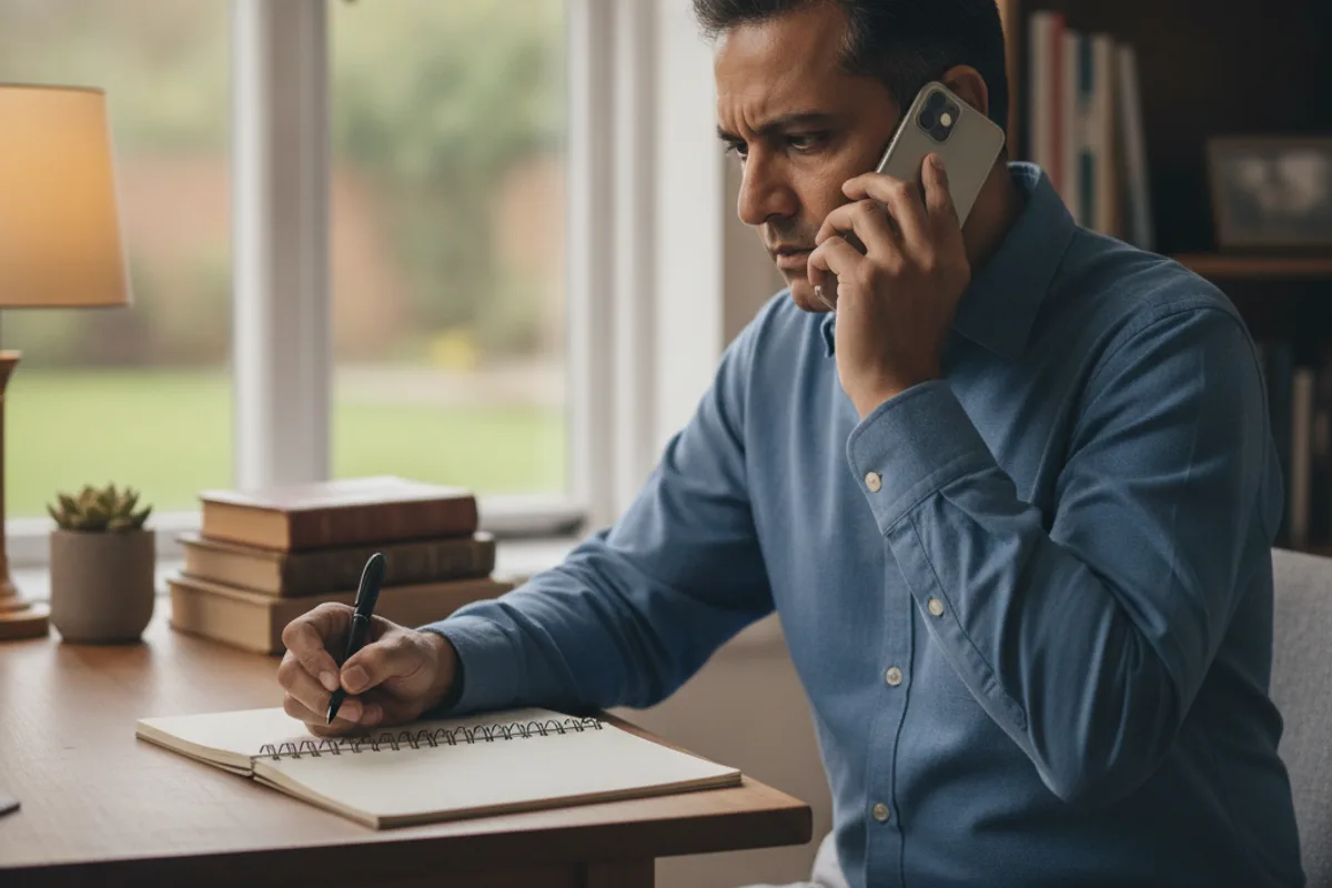 A man takes notes while speaking on his smartphone, discussing important matters.