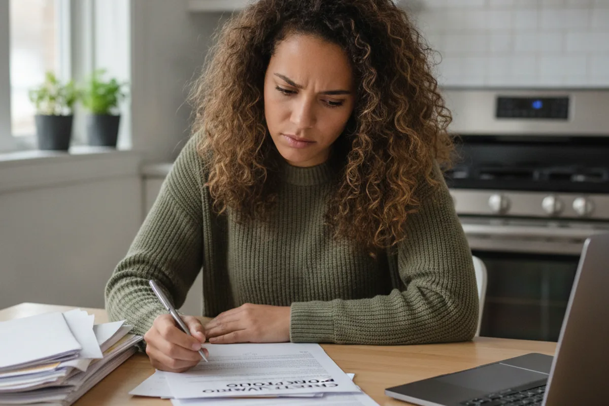 A woman at her kitchen table, focused on reviewing papers and a laptop for copyright registration.