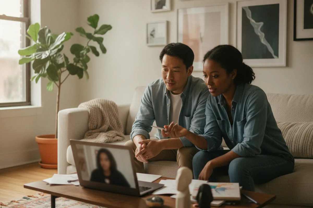 A couple consults an intellectual property adviser via video call from their living room, discussing their creative work.