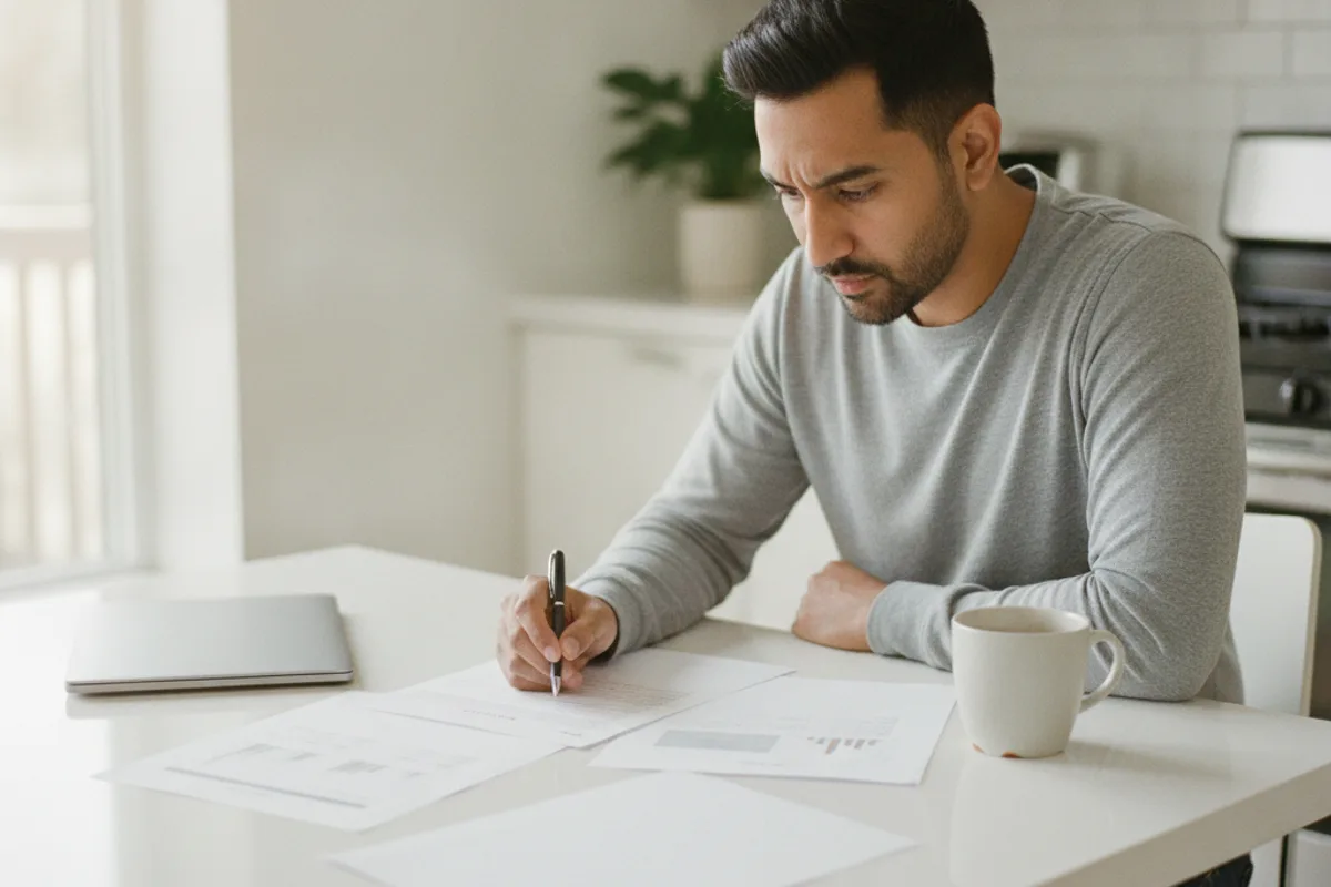 A person reviews financial paperwork at a kitchen table, contemplating legal costs.