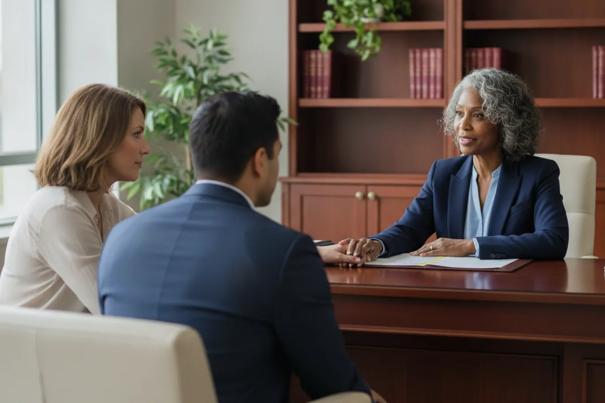 A diverse couple consults with a female criminal defense attorney about legal fees.