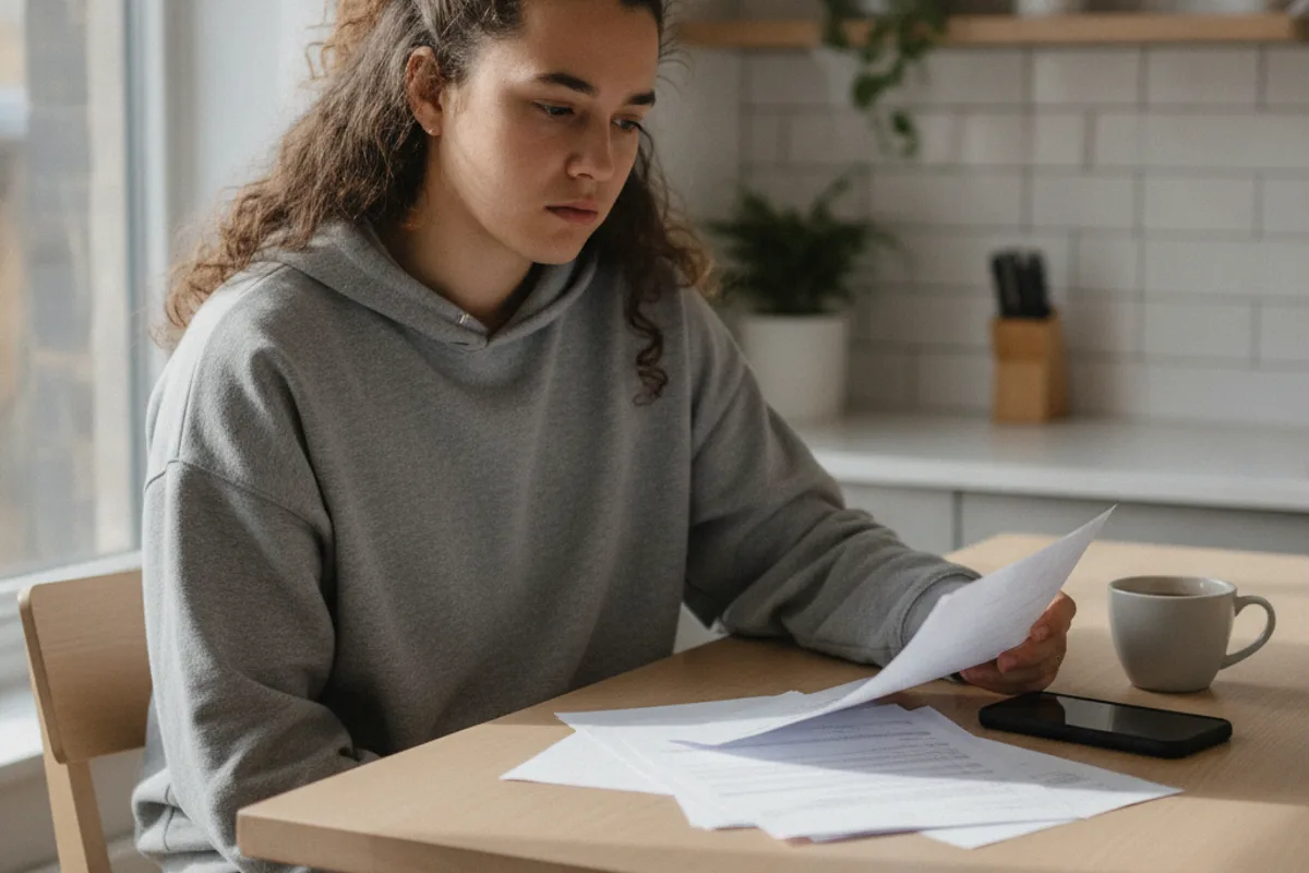 Young adult (diverse) reviews household bills at a kitchen table, looking concerned.