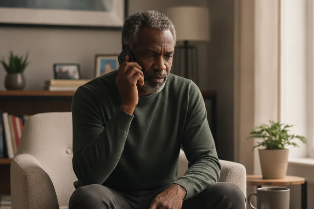 Man (diverse) talks on phone with an adviser in his living room, taking notes.