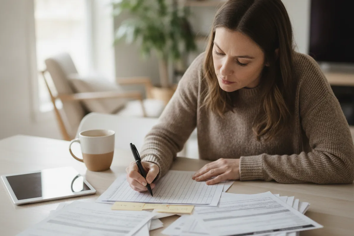 Una mujer revisa documentos financieros y notas personales en la mesa de su cocina, planificando la división de bienes.