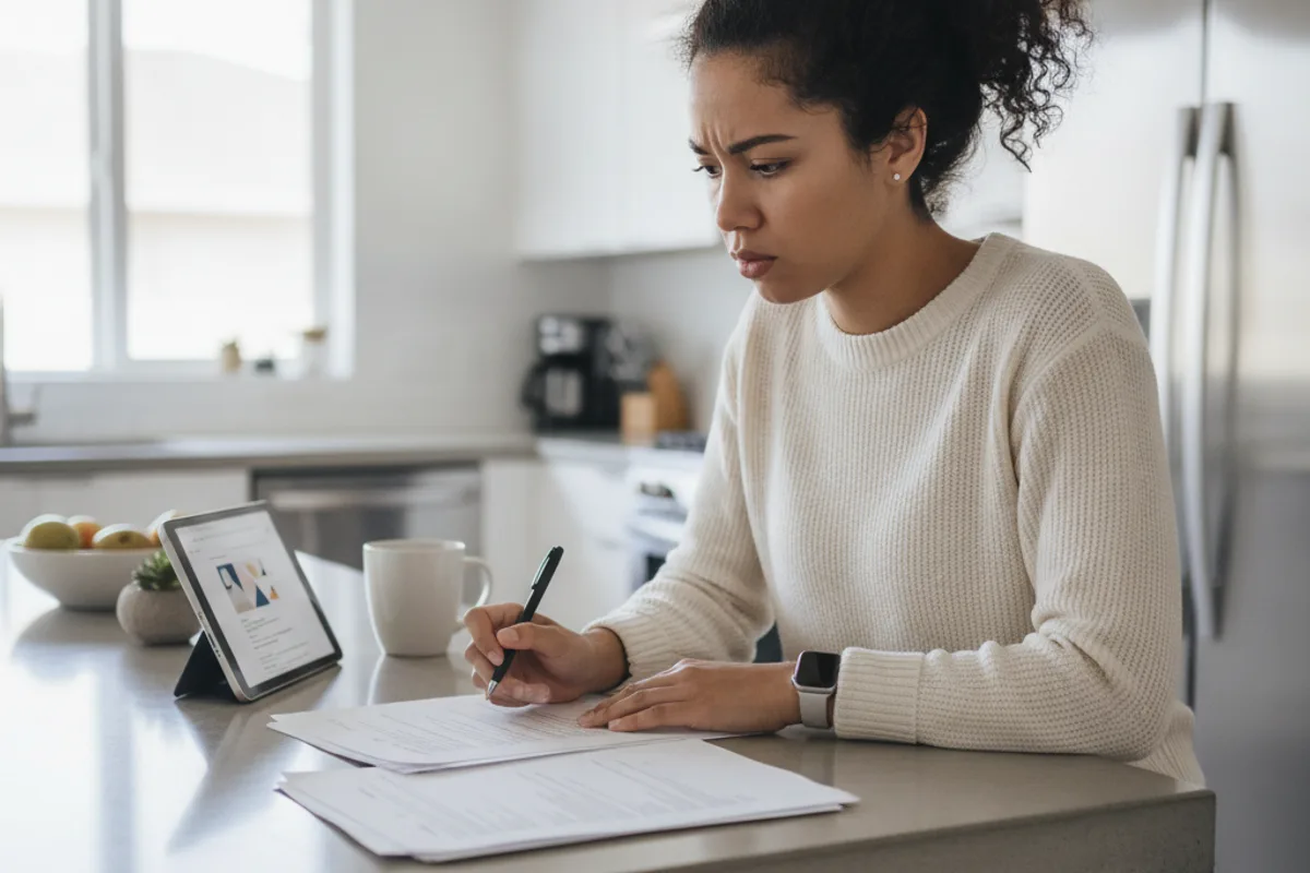 Young diverse woman reviews documents and a tablet at a modern kitchen table, looking thoughtful.