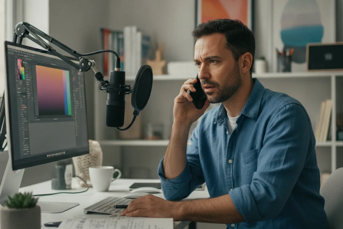 Diverse male content creator on a phone call at his home office desk, looking focused.