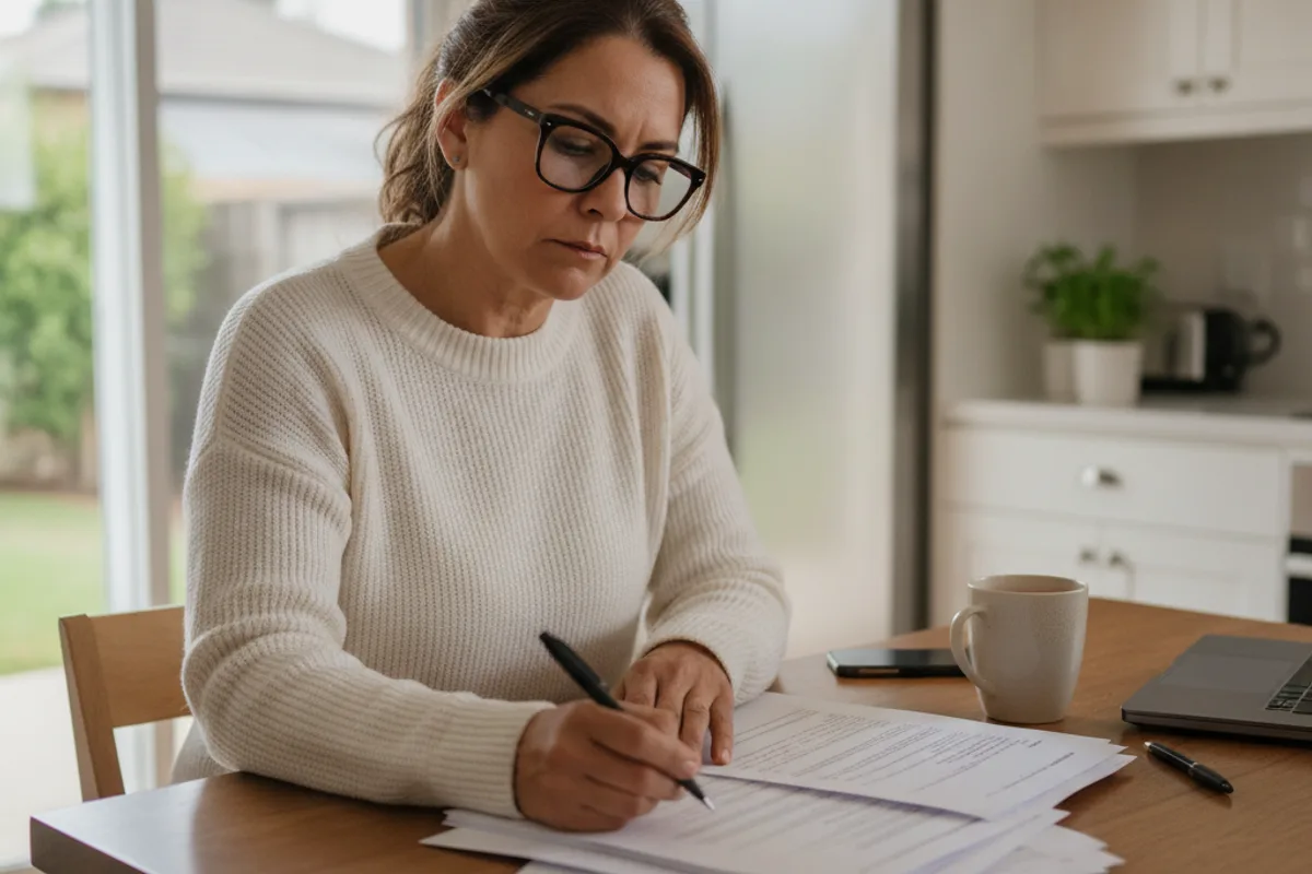 A woman reviews legal documents at her kitchen table, contemplating her estate planning needs.